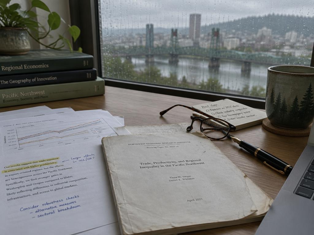 A working desk by a rain-streaked Portland window, with an annotated economics paper